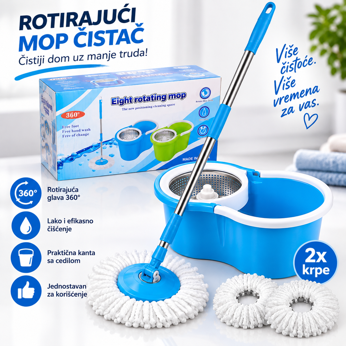 Rotirajući Mop Čistač Sa Dve Krpe