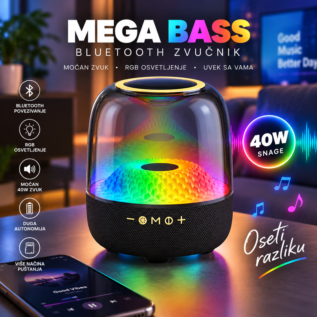 Bežični RGB Bluetooth zvučnik 40W Mega Bass