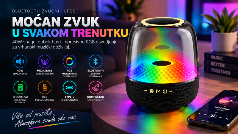 Bežični RGB Bluetooth zvučnik 40W Mega Bass